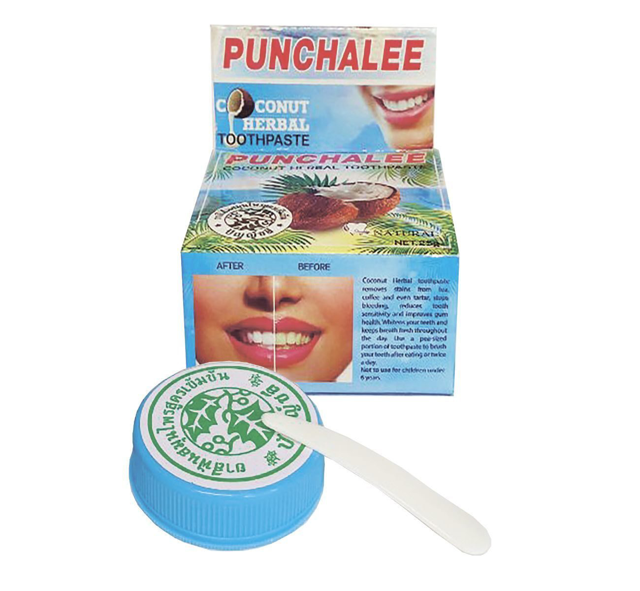 Круглая отбеливающая зубная паста с Кокосом PUNCHALEE Coconut Herbal Toothpaste купить в Москве и Московской области. punchalee-coconut-herbal-toothpaste